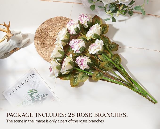 Rose Artificial Flower 28pcs Realistic Faux Silk Roses Fake Flowers Bouquets Arrangements Decor for Wedding Spring Mother's Day, Home Table Decorations, Light Purple Flower
