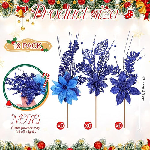 18 Pack 3 Styles 17 Inch Christmas Glitter Poinsettia Berry Stems Ornaments Artificial Floral Branches Picks for Christmas Tree Home Vase Holiday Party Decor(Royal Blue)