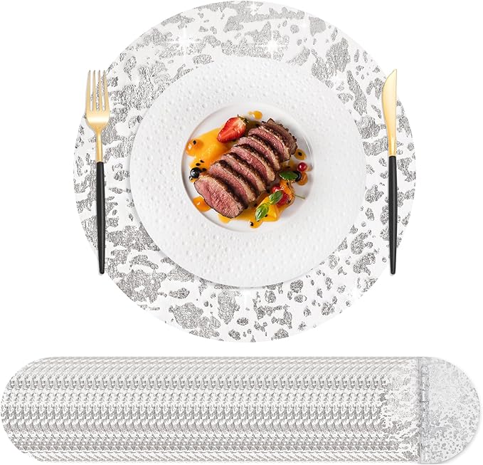 Hysenm 50 Pcs Disposable Silver Placemats Set Metallic 13 Inch Round Foil Mesh Pressed Table Doilies, Ultra-Thin Disposable Placement Mats for Home Decoration Dining Table Wedding Birthday Party