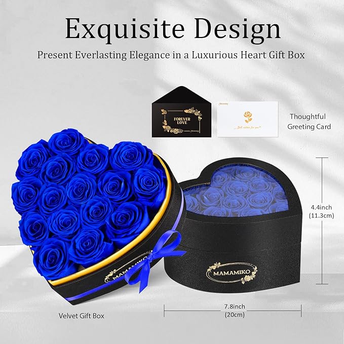 16 Preserved Roses in Heart Shape Gift Box for Her - Forever Flowers for Delivery, Eternal Rose Mothers Gifts for Mom, Wife Anniversary Birthday Gifts for Women, Blue