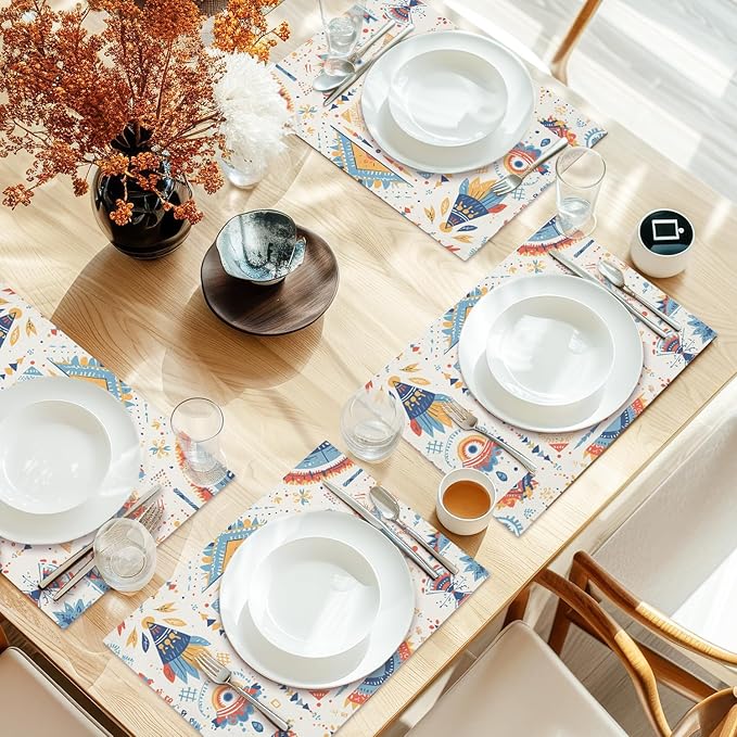 Cotton Linen Waterproof Placemats Set of 4, Bohemian Style Dining Mat Boho Table Mats Decor Fabric for Kitchen Dinner Coffee Shop Table, Indoor/Outdoor Washable Wipeable Placemat -N021