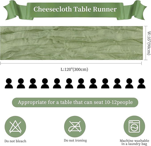 12 Pack Sage Green Cheesecloth Table Runner 10FT Long Boho Gauze Table Runner Rustic Sheer Runner for Wedding Bridal Baby Shower Birthday Party Table Decor Thanksgiving Christmas Decorations