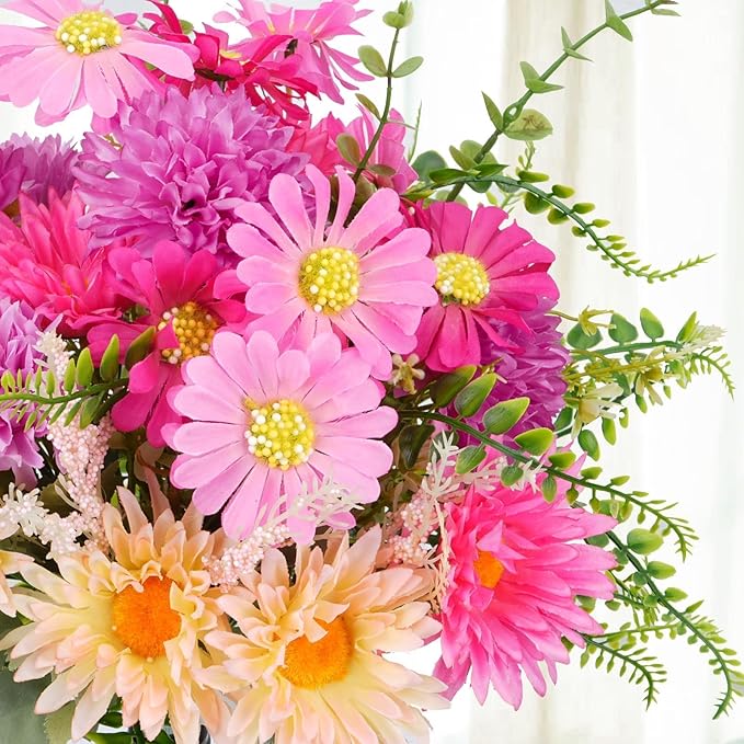 Daisy Flowers Artificial Silk Gerbera Daisy Fake Outdoor Bouquet Realistic Bulk WildFlowers Sunflower Bushes Pink Floral Arrangements Fall Cemetery Flowers for Grave Funeral Garden Home Multicolor