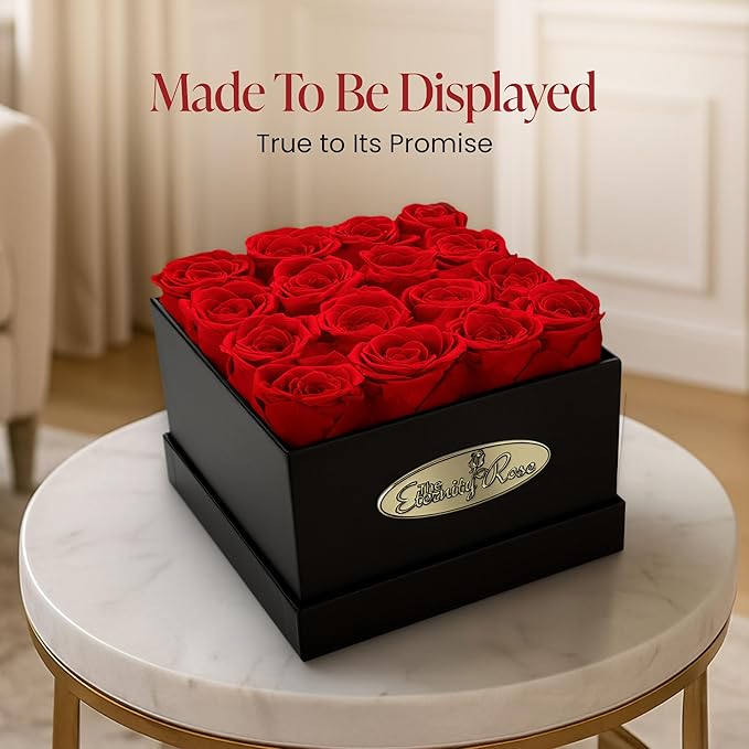 The Eternity Rose 16-Piece Preserved Roses in a Luxury Gift Box – Real Roses in Square Black Box – A Valentine’s Gift as Everlasting as Your Love