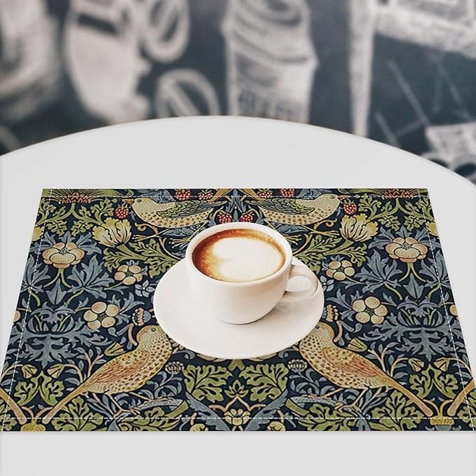 William Morris Floral Placemats Set of 6, Vintage Flower Strawberry Birds Place Mats, Heat Resistant Non Slip Cotton Linen Dining Table Mats for Home Kitchen Party 18x12 Inch