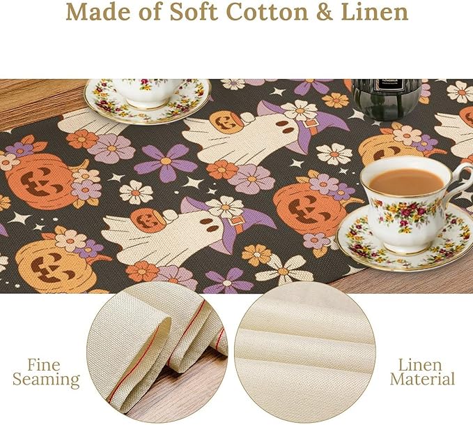 Halloween Table Runner ,Cute Ghost Pumpkin Pattern Table Runner for Home Kitchen Table Dining Garden Farmhouse Wedding Party Decor 13x60 Inch