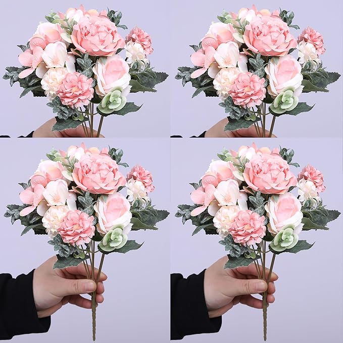 4 Pack Artificial Peony Flowers, Silk Peonies Flowers Fake Peonies Artificial Flowers Peonies Hydrangea Bouquet for Centerpiece Table Wedding Party Home Decor (Pink + White)