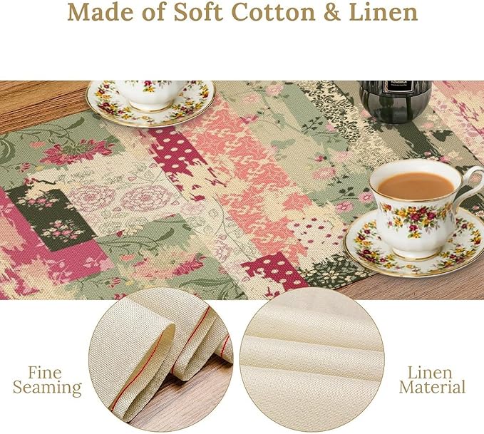 Patchwork Flower Table Runner,Abstract Colorful Floral Retro Style Hand Drawn Tablecloth Burlap for Hotel Indoors Outdoor Dining Room Kitchen Home Decor,W13X L80 in