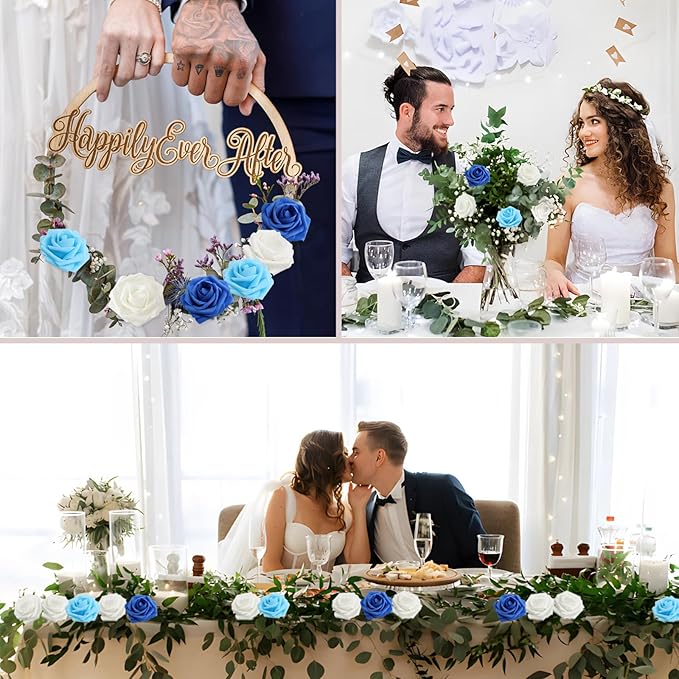 Artificial Flowers 50Pcs Blue and White Roses Real Looking Foam Fake Roses with Leaves for DIY Wedding Bouquets Bridal Shower Party Decorations (Blue Series, 50)