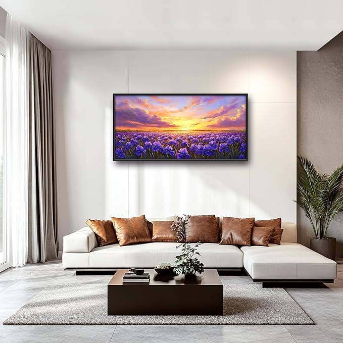 Iris Field Sunset Large Wall Art Purple Flower Framed Wall Decor for Living Room Iris Pictures Oversized Canvas Print Painting Modern Extra Large Framed Artwork for Bedroom Office 60"x30"