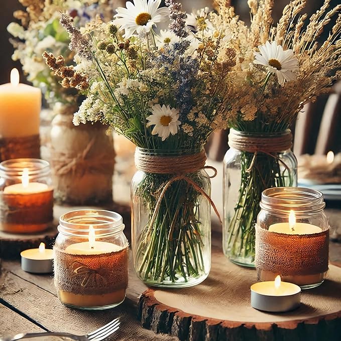Vintage Glass Flower Vase，3 Pack Farmhouse Transparent White Glass Centerpiece Vases Mason Jars for Weddings, Parties & Home Decor Bulk (3, Transparent)