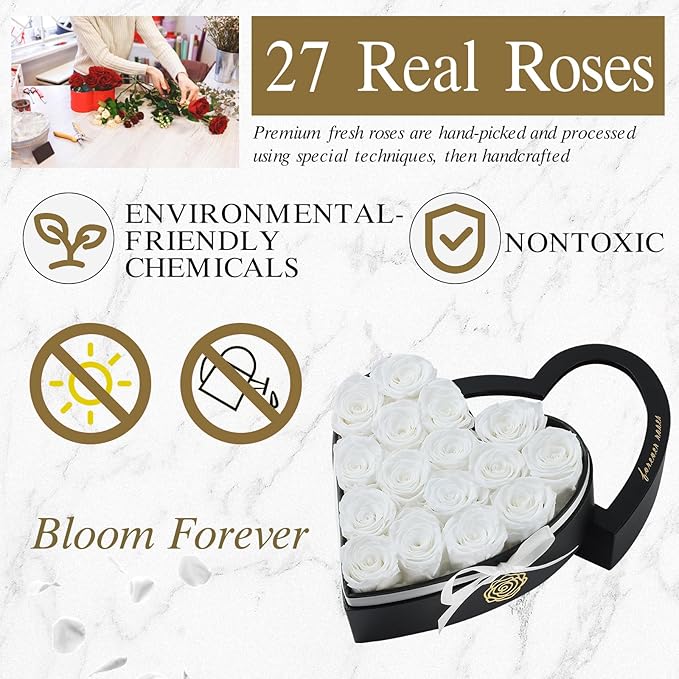 16 Forever Flowers in Heart Shaped Box - Preserved Roses Romantic Gifts for Her, Valentine’s Day, Anniversary, Wedding (White)