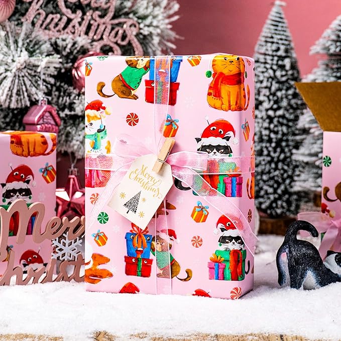 MAYPLUSS Christmas Wrapping Paper Roll - 17 Inch X 33 Feet - Pink Cute Cat Christmas Hat Reversible Polka Dot Gift Wrapping Paper, Thick Wrap Paper for Holiday Party New Year Kids
