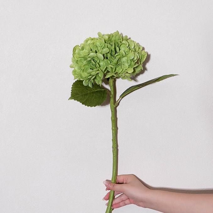 WILD WORKS Artificial Flower Natural Lifelike Real 21 inch Latex Long Stem 4PCS Dark Green Hydrangea Flower Bouquets for Home Party Outdoor Wedding Table Centerpiec Decor