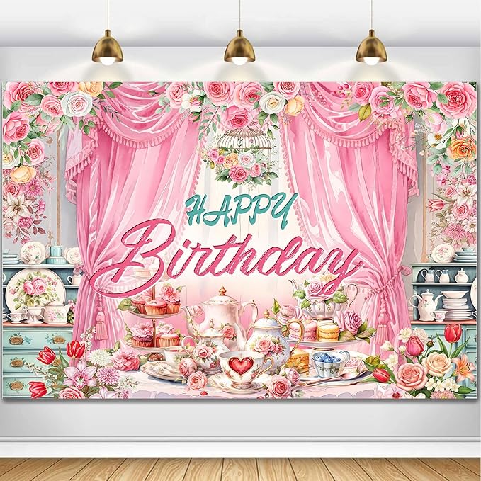 Tea Party Backdrop Let's Partea Happy Birthday Photography Background Wonderland Pink Rose Floral Teapot Women Tea Party Decor Banner Portrait Photo Booth Studio Props 7x5ft FU047YL