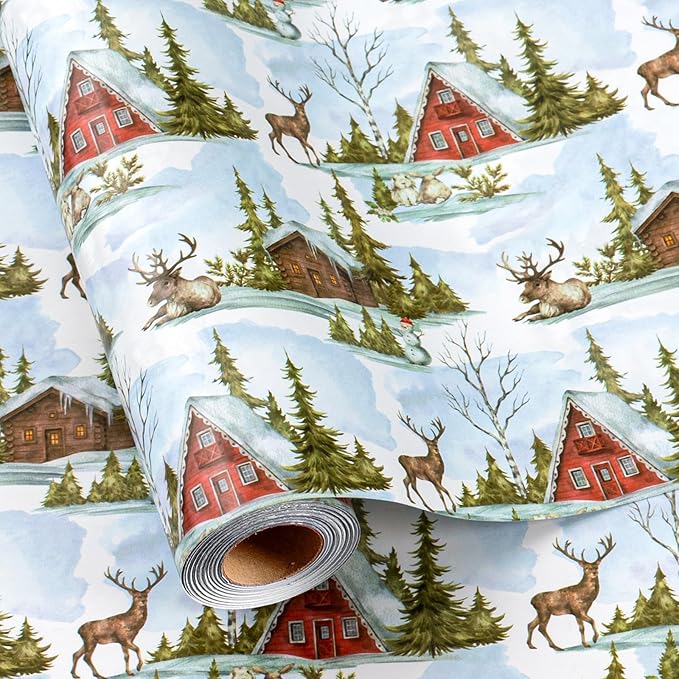 MAYPLUSS Christmas Wrapping Paper Roll - 17 In x 33 Feet - Cute Watercolor Christmas Tree Reindeer Log Cabin Gift Wrap Paper for New Year, Holiday, Kids