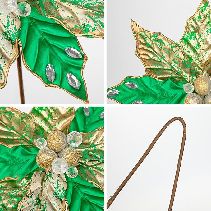 Hollyone 3PCS Poinsettia Christmas Flowers Artificial 11" Large Green and Gold Glitter Poinsettia Flowers Christmas Tree Ornament Floral Picks for Tree Wreath Garland Vase Table Centerpiece Home Decor