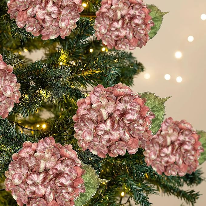 Hollyone Christmas Tree Ornaments 3Pcs Artificial Hydrangea Flowers Heads with Clips Glitter Fake Hydrangea Flower for Christmas Tree Floral Vintage Faux Hydrangea for Wedding Party Xmas Pink