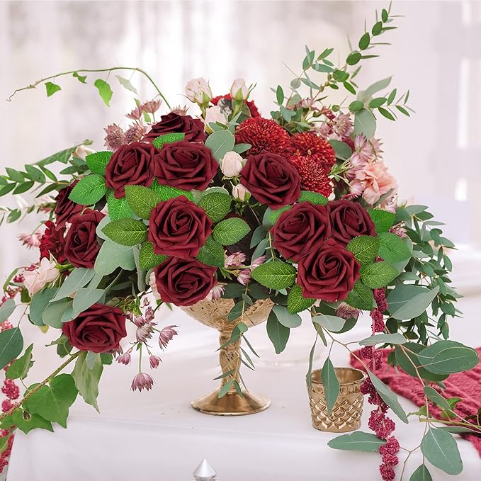 Mocoosy 50Pcs Burgundy Roses Artificial Flower, Burgundy Fake Roses for Decoration, Real Touch Foam Rose Bulk with Stem DIY Wedding Bouquet Centerpiece Floral Arrangement Bride Shower Party Home Decor