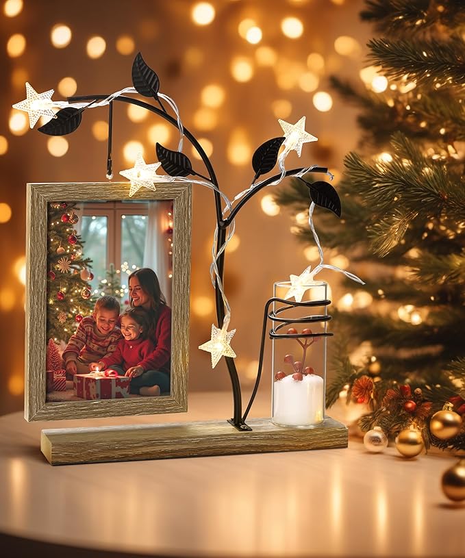 Afuly 4x6 Picture Frame Potted Plants Desk Photo Frames with Metal Stand Glass Vase, Rustic Double Sides Display Wood Frame Wedding Birthday Gifts for Couple Mom Grandma Women