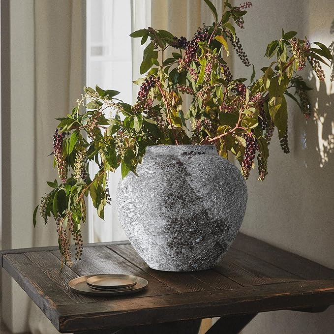 Rustic Ceramic Circular Flower Vase Farmhouse Clay Pottery Large Terracotta Floor Vases for Decorative Centerpiece Vintage Home Decor Aesthetic for Living Room Bedroom Table Entryway