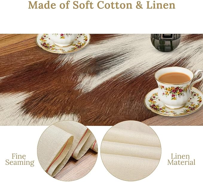 Cow Skin Print Table Runner, Rustic Country Farmhouse Animal Fur Skin Western Farm Dark Brown Cowhide Print Dinner Runner Table Decoration for Home Kitchen Dining 13x36in