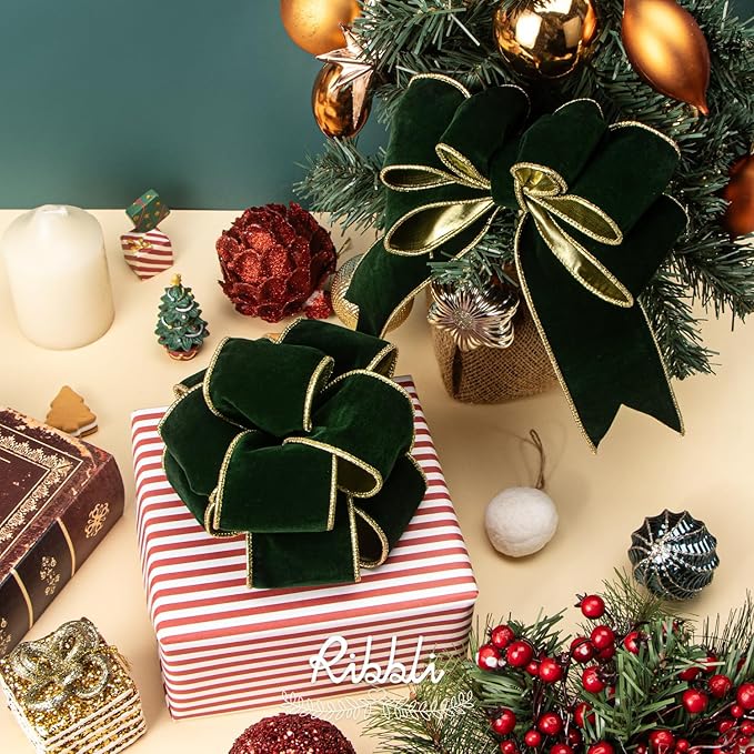 Ribbli Dark Green Velvet Wired Ribbon 2.5 Inch Luxury Matte Velvet Christmas Ribbon for Gift Wrapping Christmas Tree Decoration Crafts Wreaths Supplies - 10 Yards