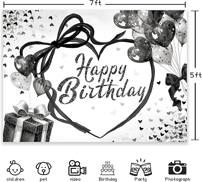 Coquette Happy Birthday Backdrop 7Wx5H Photography black Bow Heart Balloons Modern Preppy Diamonds Sweet Princess Background for Girls Teens Party Decorations Banner Photo Booth Props Supplies