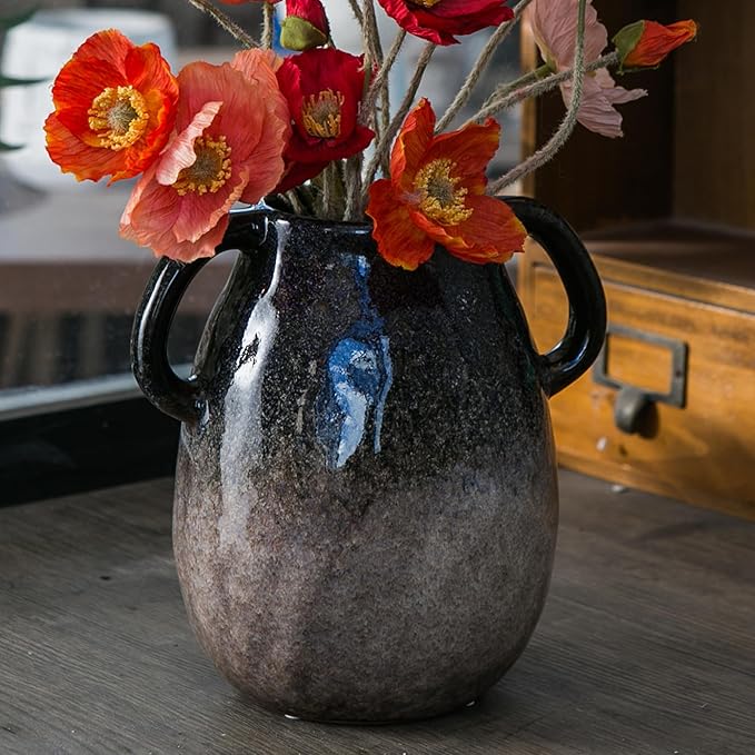 Blue Gradient Ceramic Vase with 2 Handles, Modern Farmhouse Decor, Rustic Terracotta Pottery, Decorative Clay Flower Vase, Centerpiece for Dining Table - 7 Inch