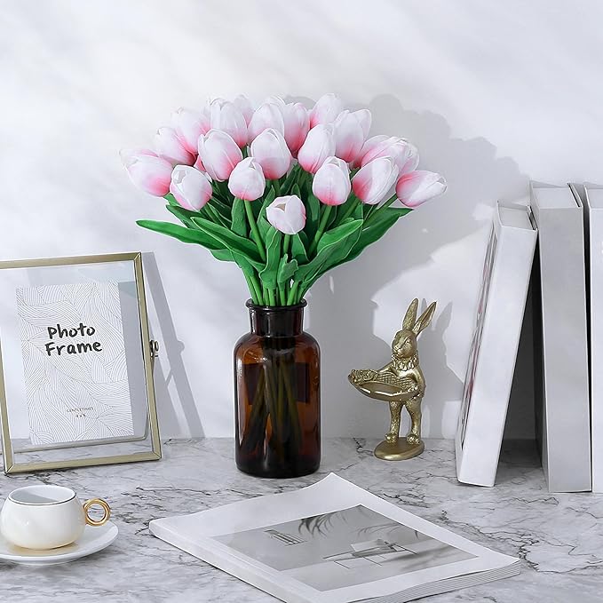 SITUMEIZI 15pcs Pink Tulips Fake Artificial Flowers Real Touch 14" Silk Flower for Home Decor Spring Easter Wedding Bouquet Decorations Gifts(Pink Base)