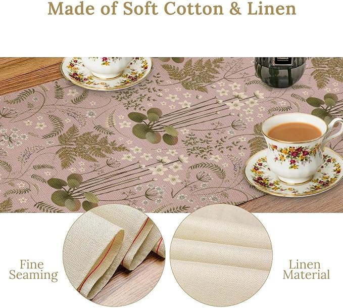 Spring Floral Table Runner, Rustic Retro Field Herbal Plant Purple Pink Wildflower Country Natural Floral Fern Print Table Cover for Indoor Outdoor Dinner Party Decor, 13x90inch