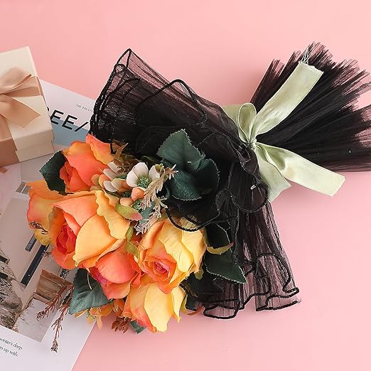 Black Flower Wrapping Mesh Paper 4 Yards Flower Wrapping Paper Wrinkled Wavy Net Yarn Flower Wrapping Mesh Paper Bouquet Floral Packaging Mesh Paper for Valentine's Day Mother's Day