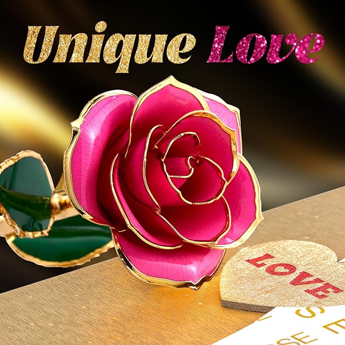 Mikasol Gold Dipped Real 24K Forever Preserved Rose, 1 Pack Infinity Flower Decor Hand Dipped Romantic Gift for Women in Her Wife Girlfriend Birthday Anniversary Valentines Mothers Day Christmas(Pink)