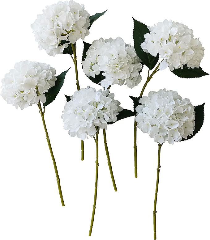White Hydrangea Artificial Flowers,6 Pcs Faux Artificial Hydrangeas Flowers with Stems,Fake Silk Hydrangeas Flowers with Stems for Home Decor (6, White)