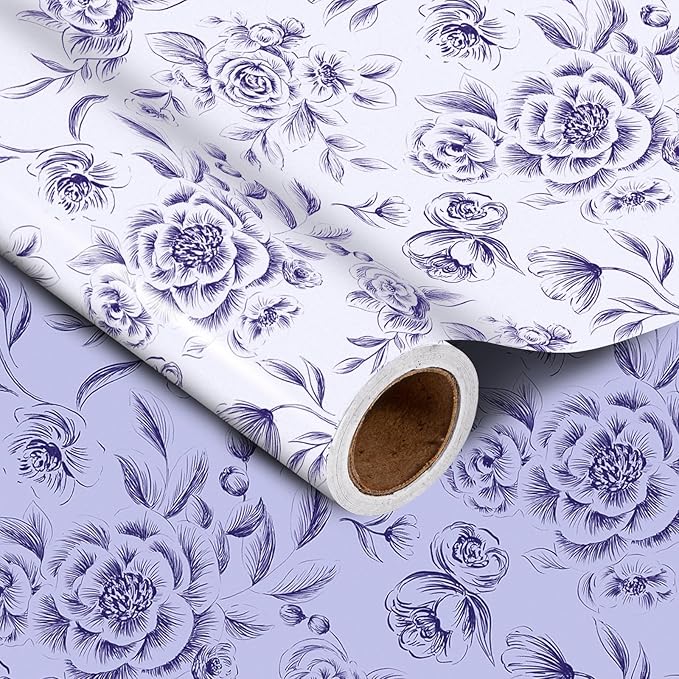 WRAPAHOLIC 30 Inch Reversible Floral Wrapping Paper Roll - 30 Inch x 33 Feet - Purple Flower Wrapping Paper for Wedding, Bridal Shower, Mother's Day, Birthday, Baby Shower