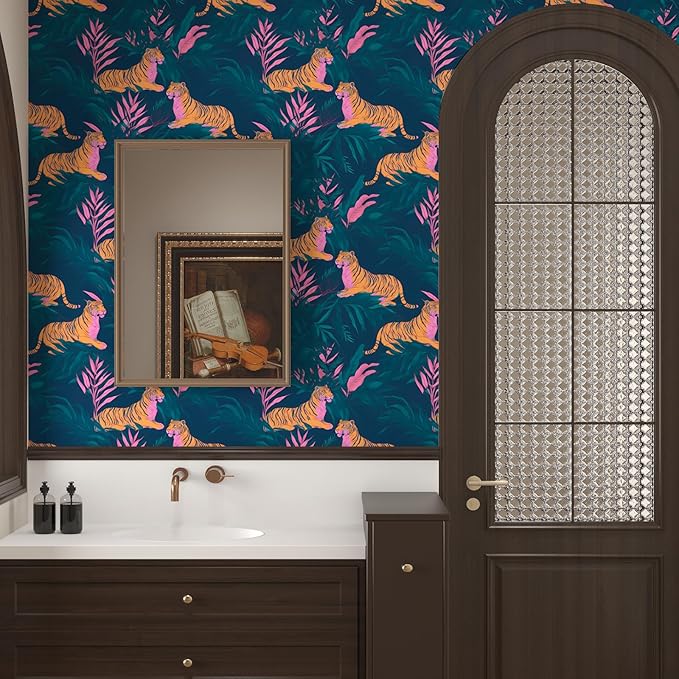 Tropical Contact Paper Tiger Wallpaper Peel and Stick Vintage Animal Wall Paper for Bedroom Bathroom Drawer Counter Cabinet Renter Friendly 17.5 x 78.5In
