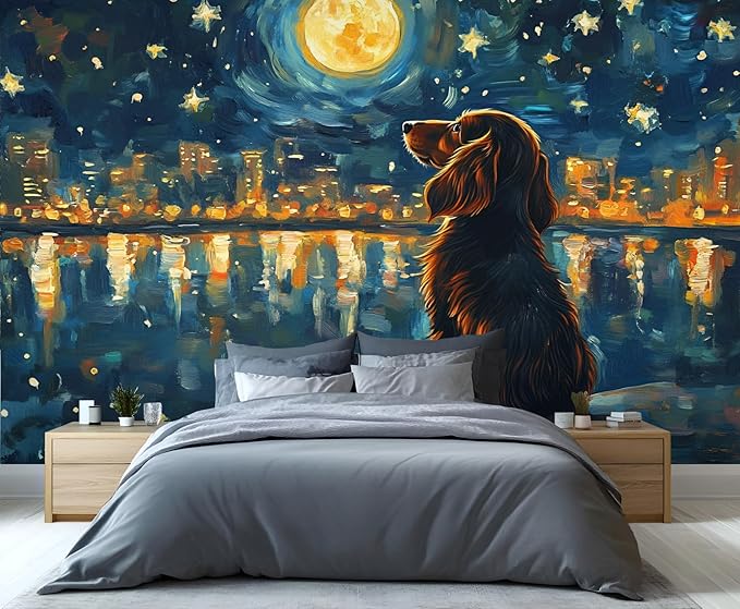 Dog and Moon Night Sky Wall Mural, Starry Night Cityscape 3D Wall Murals, Nighttime Dog Reflection Wallpaper Mural, for Living Room Bedroom Large Wallpaper Indoor Decor 157.5" W x110.3 H
