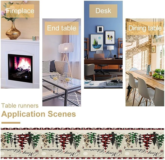 Christmas Tree Table Runner,Farmhouse Xmas Trees Buffalo Plaid Winter Snowflake Tablecloth Burlap for Hotel Indoors Outdoor Dining Room Kitchen Home Decor,W13X L60 in