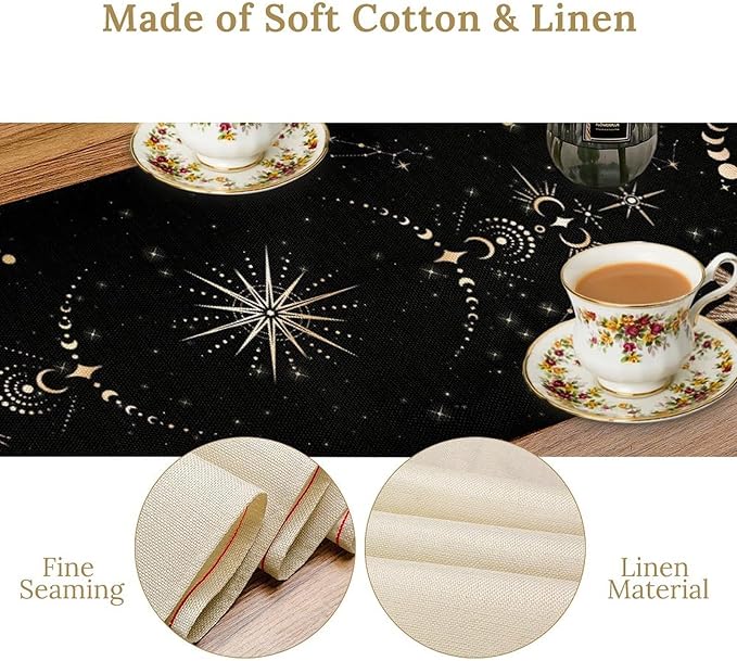 Gothic Moth Table Runner, Boho Gothic Sun Moon Phase Mystical Mushroom Floral Witchy Farmhouse Coffee Table Center Decor for Home Kitchen Dining Patio Holiday Party Table Decorations 13x72 inches