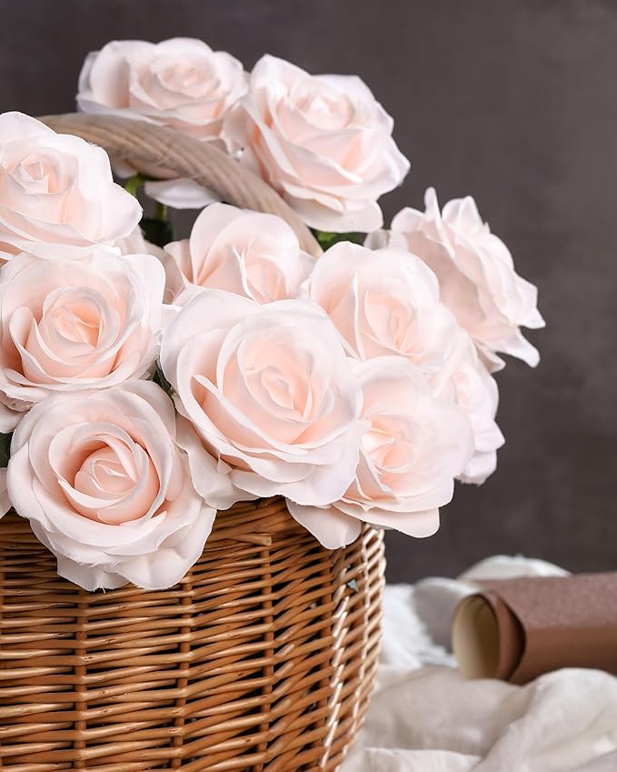 DuHouse 10pcs Fake Roses Artificial Silk Flowers Long Stems Bouquet for Arrangement Wedding Centerpiece Party Home Kitchen Decor(Blush)