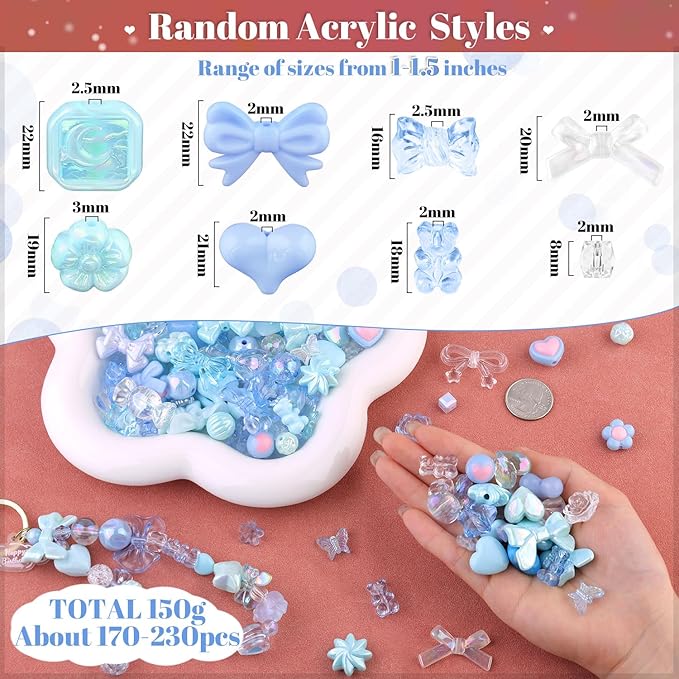 Assorted Acrylic Beads, 200-260PCS Blue Cute Beads for Bracelet Making, GummyBear Bow Flower Candy Kawaii Charms for Jewelry Making DIY Necklace Keychain Phone Charm Christmas Gift
