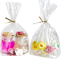 PigPotParty Cellophane Treat Bags 7"x10", 50 Pack Clear Goodie Bags, Bottom Gusset for Stand-Up Display, Small Plastic Gift Wrap for Cookies, Candy, Party Favors, Popcorn, Includes 50 Gold Ties