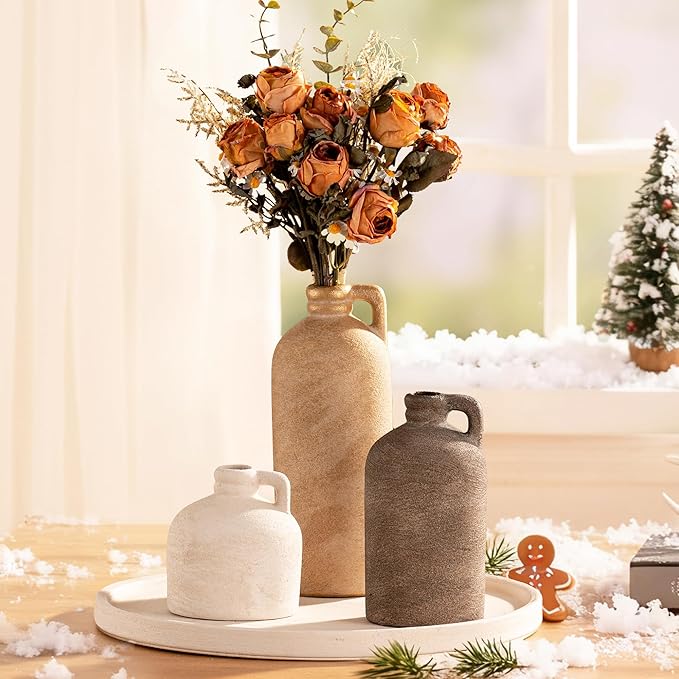Ceramic Vase Home Table Decor - Flower Vase Set of 3 Living Room Kitchen Decorations Farmhouse Modern Rustic Vases Decorative Centerpiece for Shelf Bedroom Office Bathroom Dining Coffee Desk