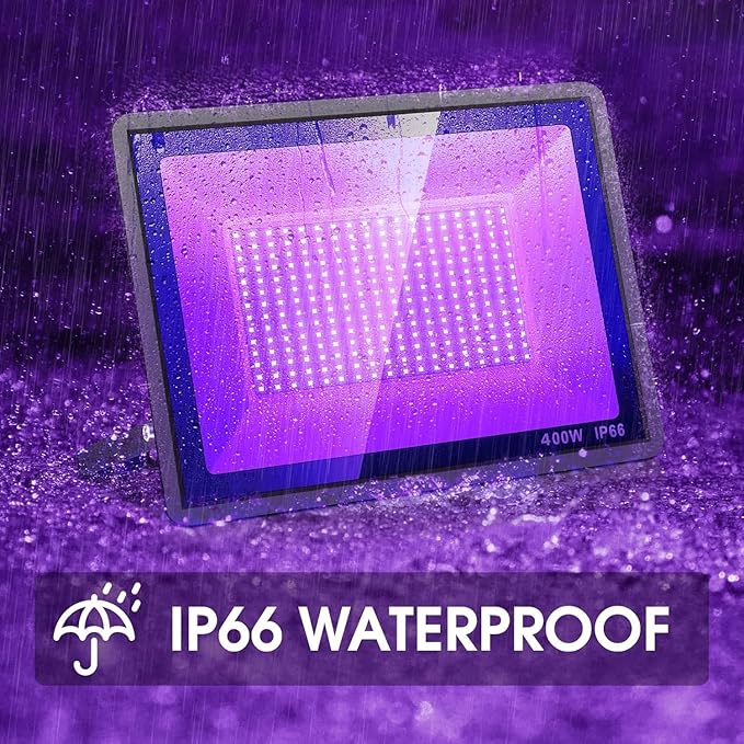 4 Pack 400W LED Black Light,Black Flood Light Outdoor with Plug and Switch, IP66 Waterproof 395nm to 405nm LED UV Blacklight Neon Glow for Glow Party, Halloween, Fluorescent Poster, Body Paint