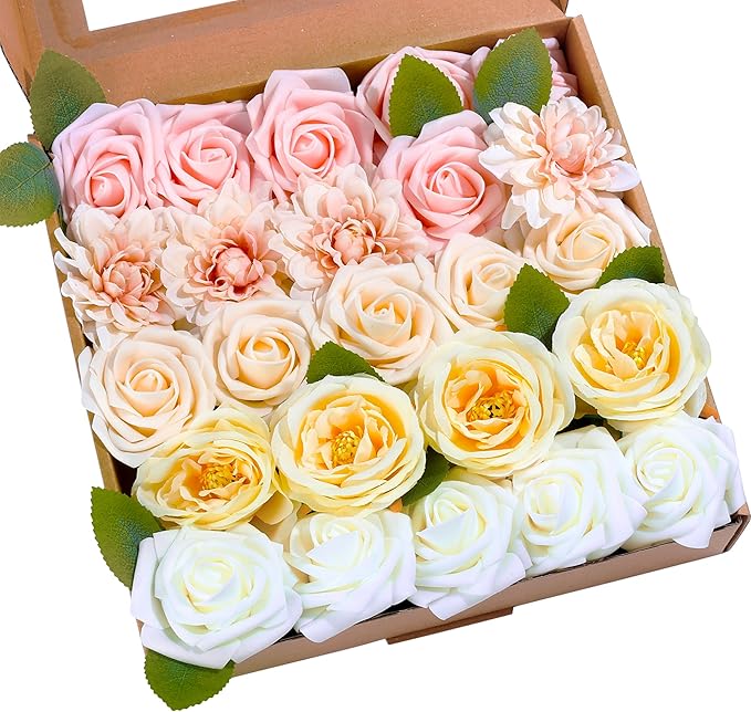 SITUMEIZI Roses Artificial Flowers Combo Champagne Flowers Silk Foam Flowers with Stems for DIY Bridal Wedding Bouquet Baby Shower Party Home Decor Floral Arrangements 24pcs