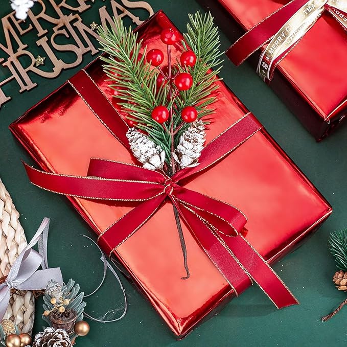 Merture Red Wrapping Paper Roll - 17 In X 32.8 Ft(46.5 sq.ft.) Metallic Red Solid Color Gift Wrap with Grid Cutting Lines for Mothers Day, Christmas, Birthday, Wedding, Bridal Shower, Valentines Day