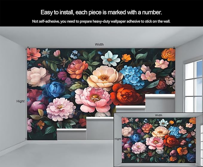 Vintage Peony Floral Wall Mural, Oil Painting Dutch Flower 3D Wall Murals, Romantic Dark Botanical Wallpaper Mural, for Living Room Bedroom Large Wallpaper Indoor Decor 169.3" W x118.2 H