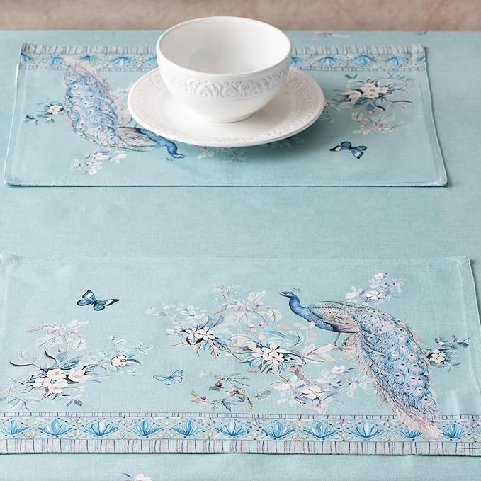 Maison d' Hermine Placemat 100% Combed Cotton Premium Set of 4 Decorative Washable Place Mats Table Cloth Placemat, Dining & Camping - Peacock Utopia - Pastel Turquoise(13"x19")