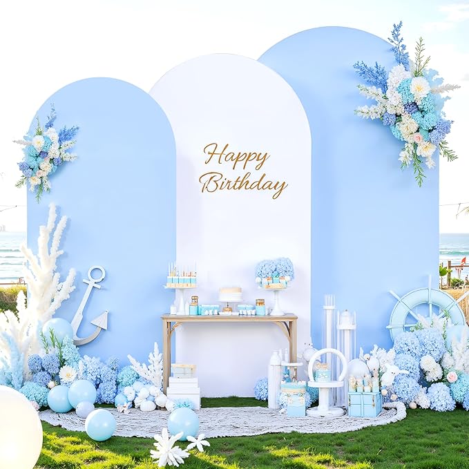 White and Blue Arch Backdrop Cover 6FT 5FT 4FT Arch Covers Stretchy Backdrop Set of 3, Wedding Arch Cover Spandex Fitted Double-Color Fabric Arch Covers for Party Baby Shower Birthday Decoration