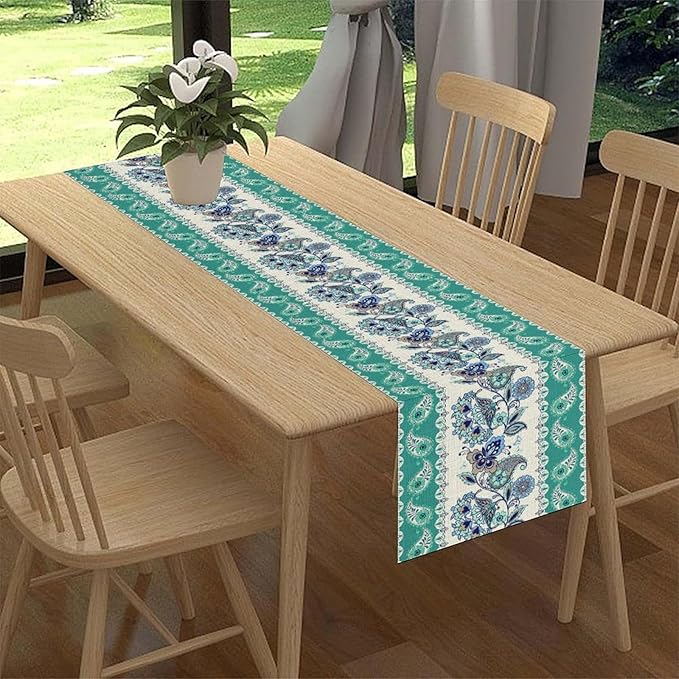 Paisley Table Runner, Rustic Blue Green Bohemian Damask Exotic Flower Cafe Table Center Decor for Home Kitchen Dining Patio Holiday Party Indoor Outdoor Table Decorations 13x108 inch